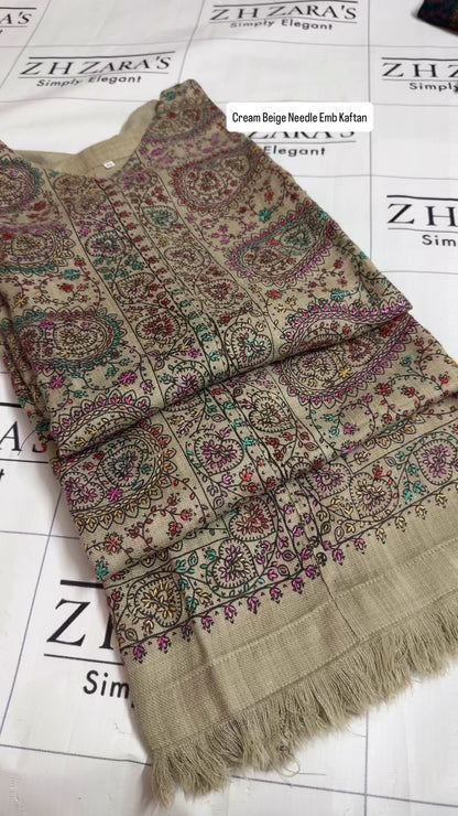 Cream Beige Needle Emb Pashmina Kaftan Shirt