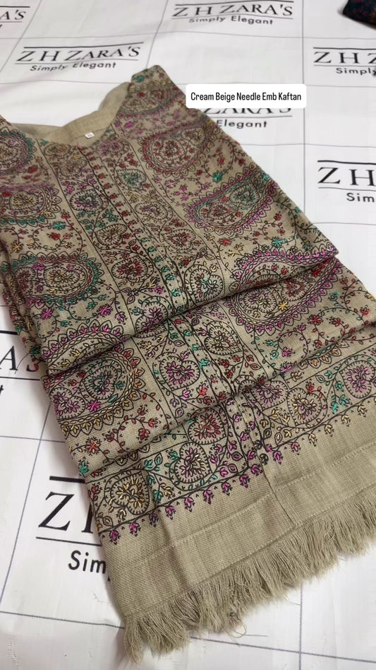 Cream Beige Needle Emb Pashmina Kaftan Shirt
