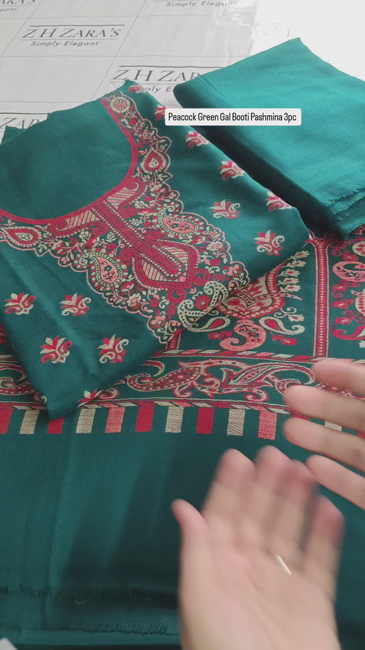 Peacock Green Gala Booti Pashmina 3pc