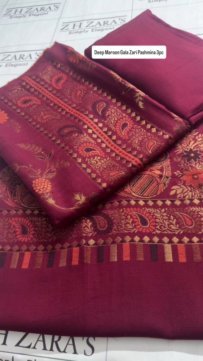 Deep Maroon Gala Zari Pashmina 3pc