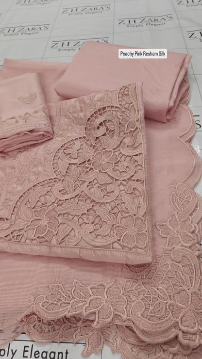 Peachy Pink Resham Silk Cutwork 3pc