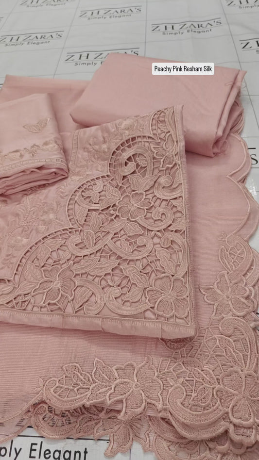 Peachy Pink Resham Silk Cutwork 3pc