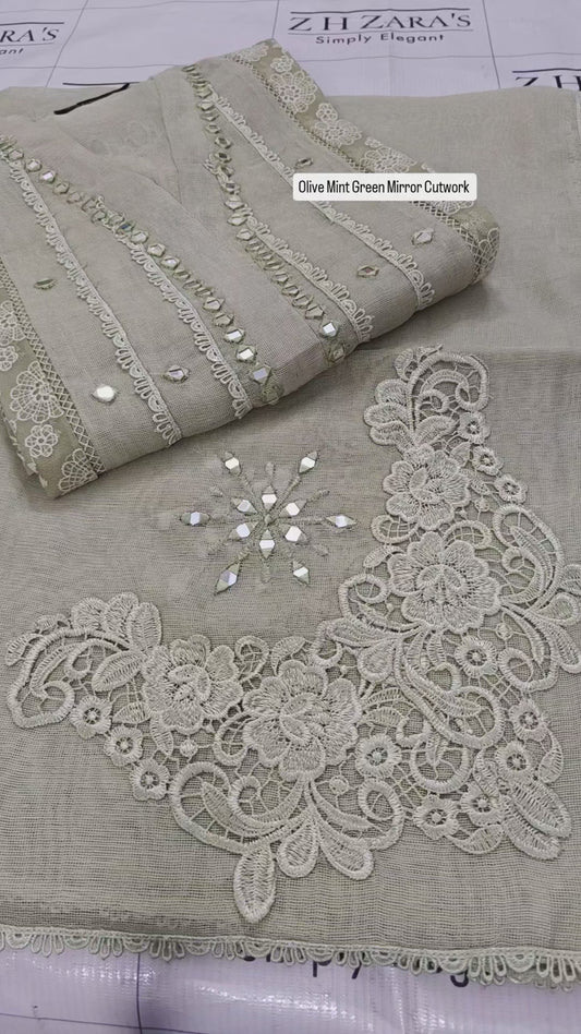 Olive Green Mirror Cutwork 2pc