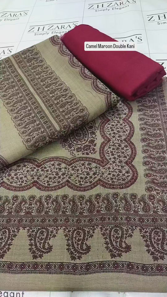 Camel Maroon Double Kani Pashmina 3pc