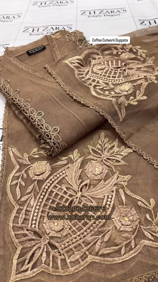 Coffee Duppata Cutwork 2pc