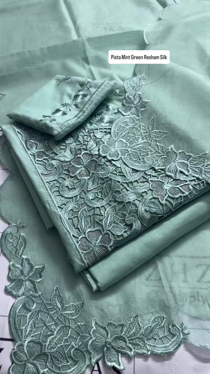 Olive Mint Green Resham Silk Cutwork 3pc