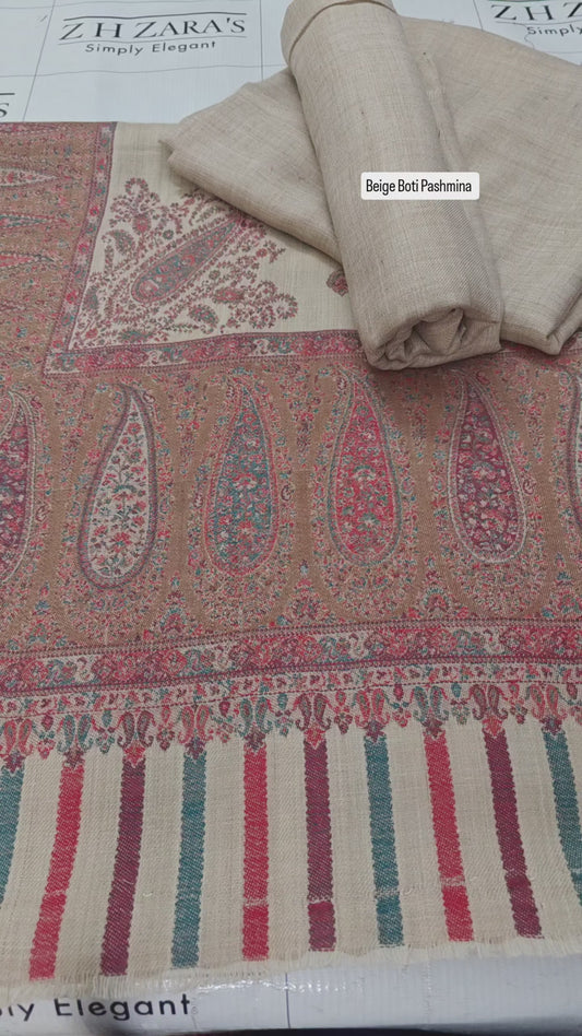 Beige Boti Pashmina Shawl & 3pc