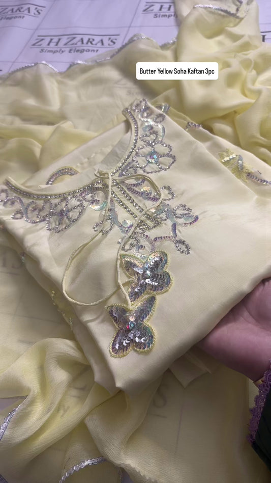 Butter Yellow Soha Kaftan 3pc