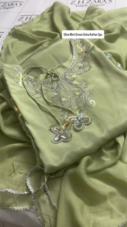 Olive Mint Green Soha Kaftan 3pc