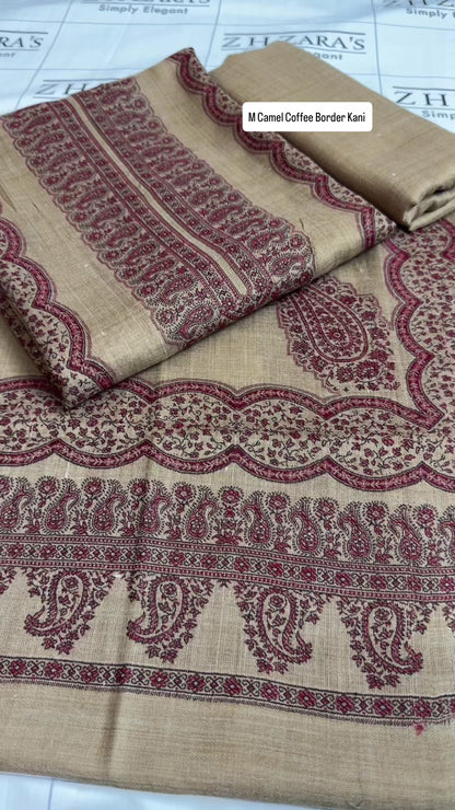 M Camel Coffee Border Double Kani Pashmina 3pc