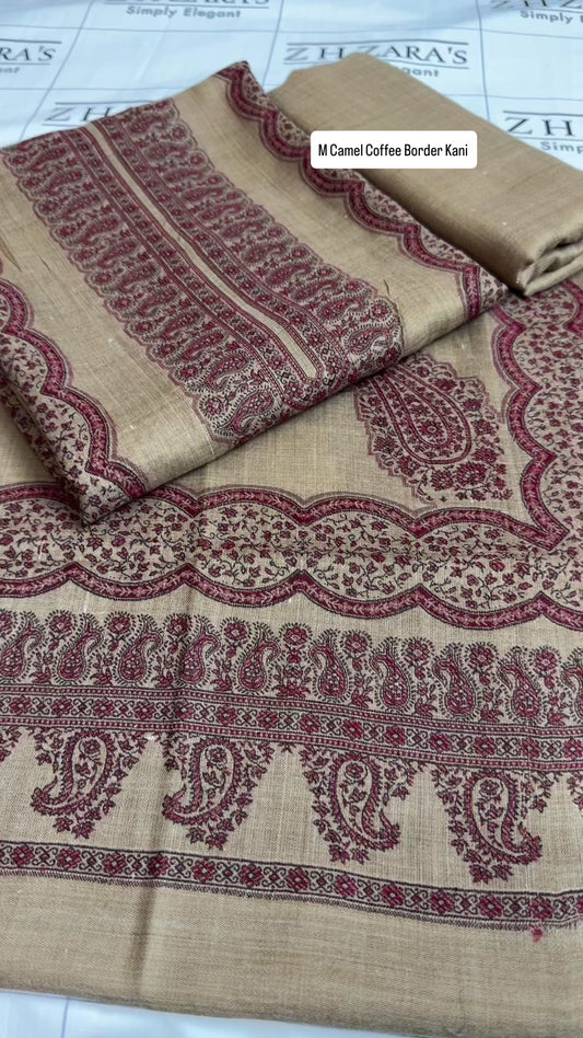 M Camel Coffee Border Double Kani Pashmina 3pc