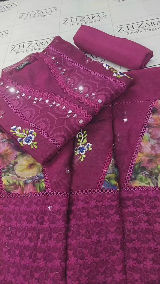Hot Pink Digital Embroidery 3pc