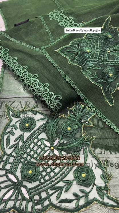Bottle Green Duppata Cutwork 2pc