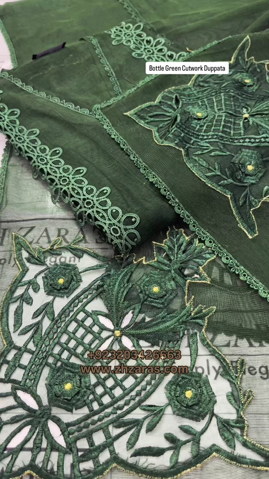 Bottle Green Duppata Cutwork 2pc
