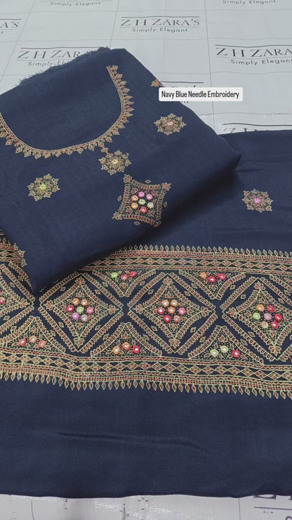 Navy Blue Needle Embroidery Pashmina 3pc