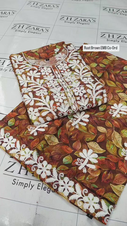 Rust Brown EMB Co-Ord Set Stitched