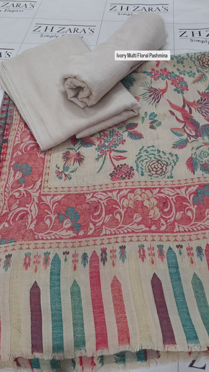 Ivory Multi Floral Kani Pashmina 3pc