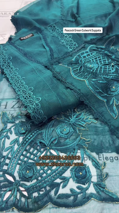 Peacock Green Duppata Cutwork 2pc