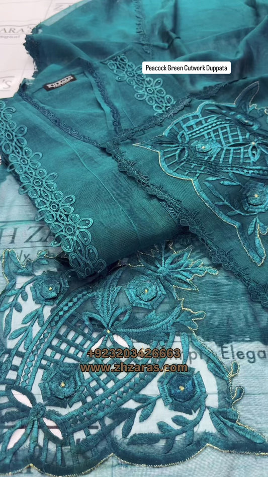 Peacock Green Duppata Cutwork 2pc