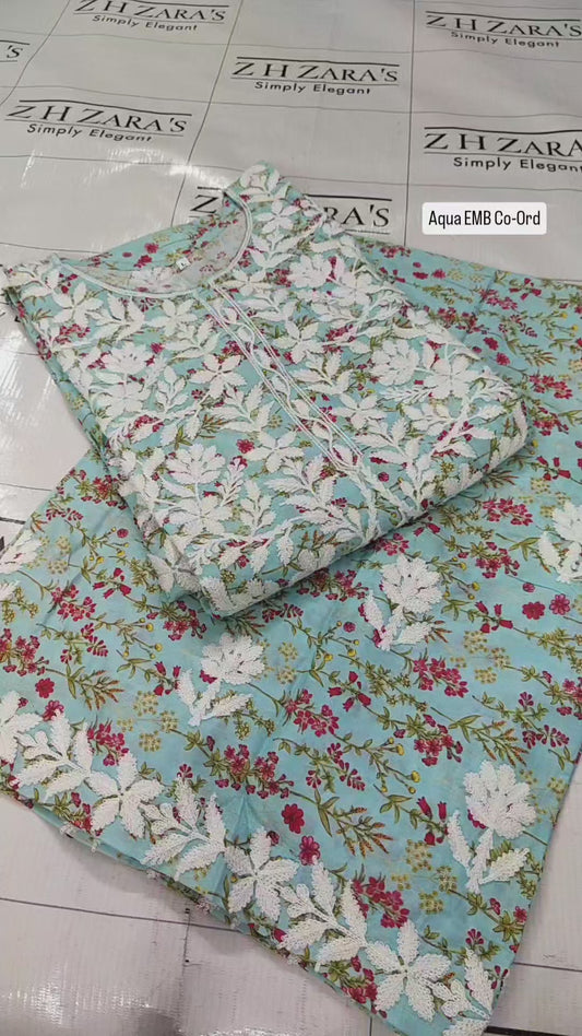 Aqua EMB Co-Ord Set Stitched