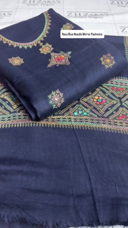 Navy Blue Needle Mirror Embroidery Pashmina 3pc