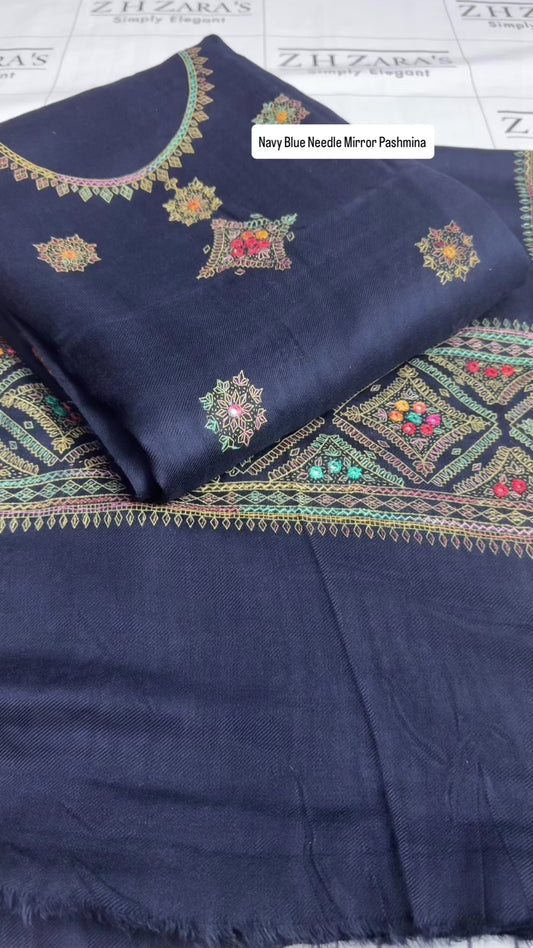 Navy Blue Needle Mirror Embroidery Pashmina 3pc