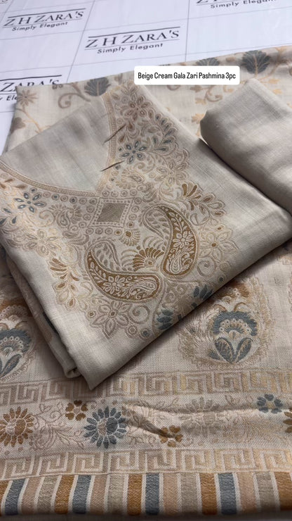 Beige Cream Gala Zari Pashmina 3pc