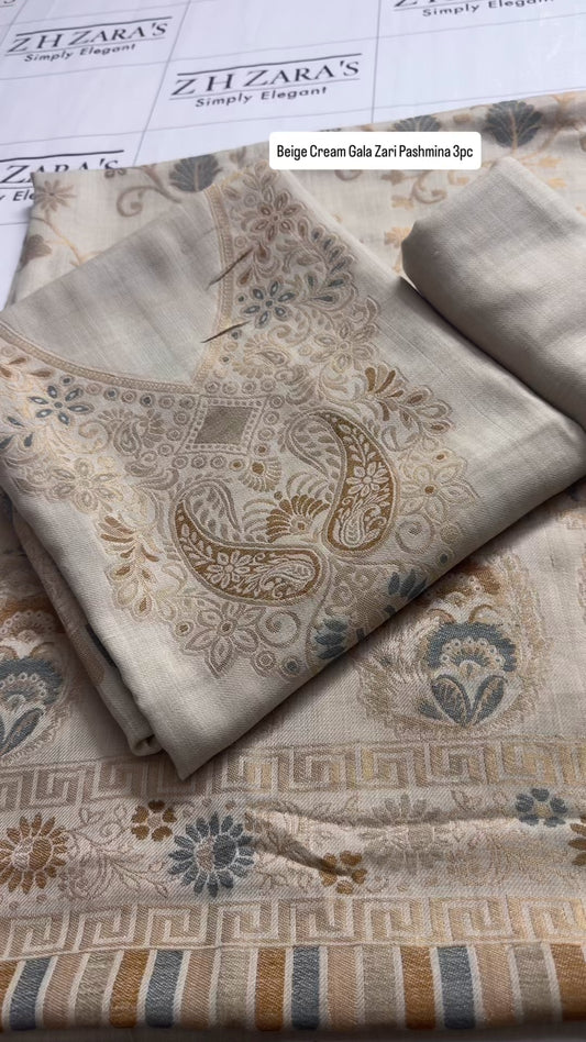 Beige Cream Gala Zari Pashmina 3pc