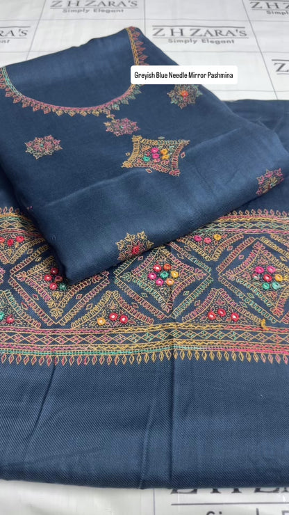 Greyish Blue Needle Mirror Embroidery Pashmina 3pc