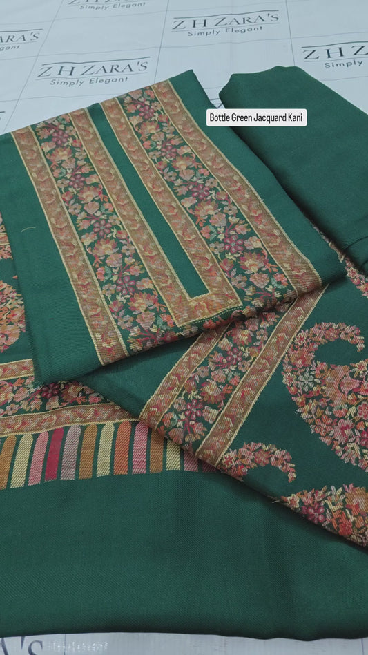 Bottle Green Jacquard Kani Pashmina 3pc