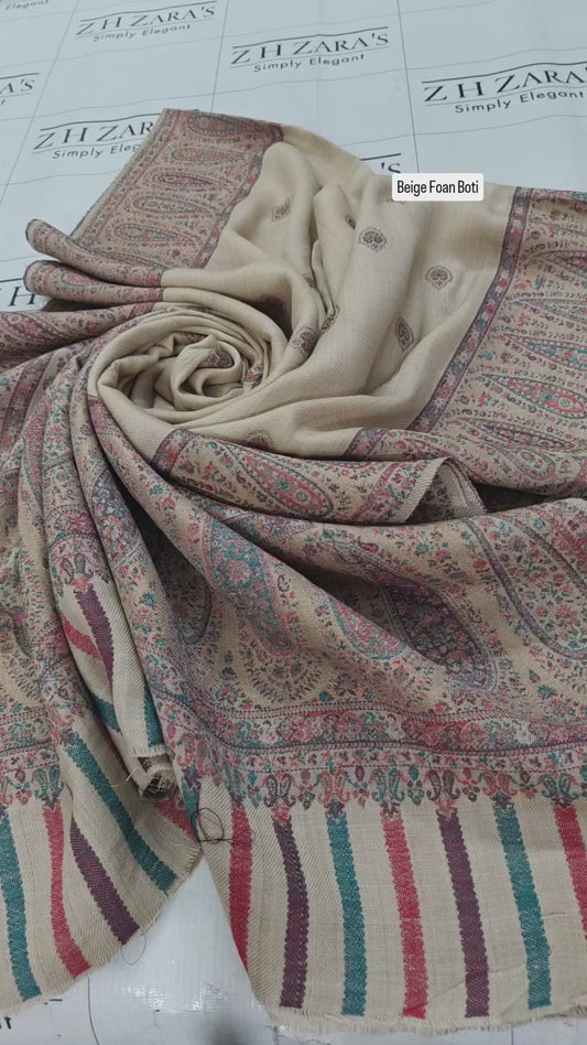 Beige Foan Boti Kani Pashmina Shawl