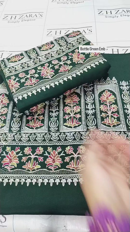 Embroidered Bottle Green Pashmina 3pc