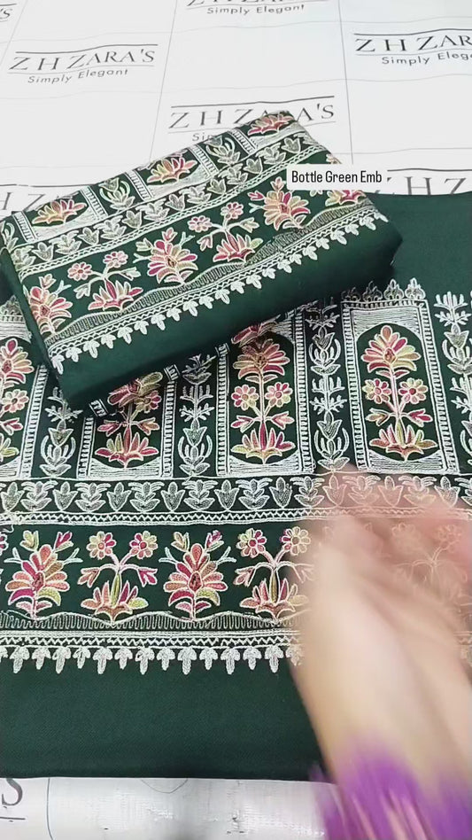 Embroidered Bottle Green Pashmina 3pc