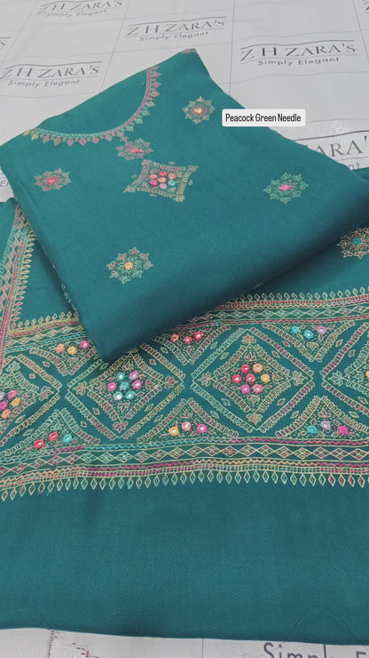 Peacock Green Needle Embroidery Pashmina 3pc