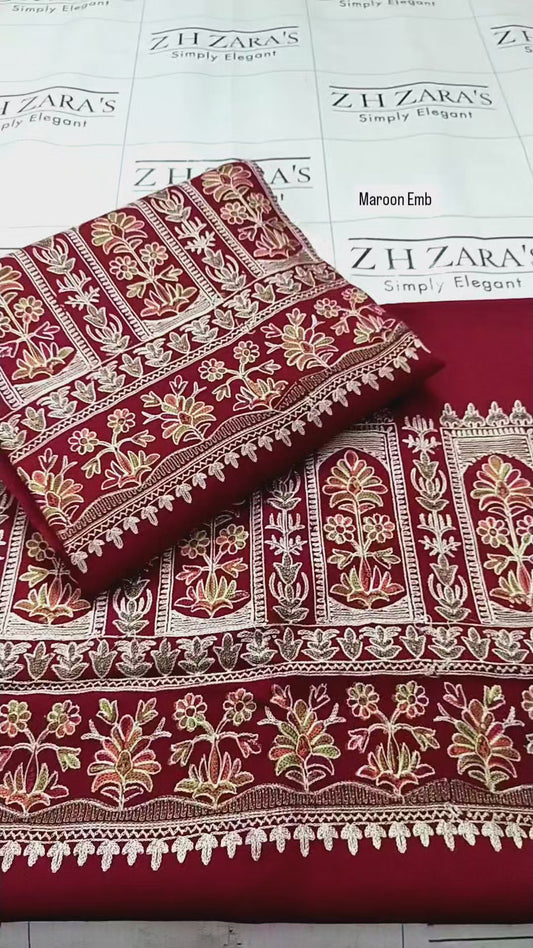 Embroidered Maroon Pashmina 3pc