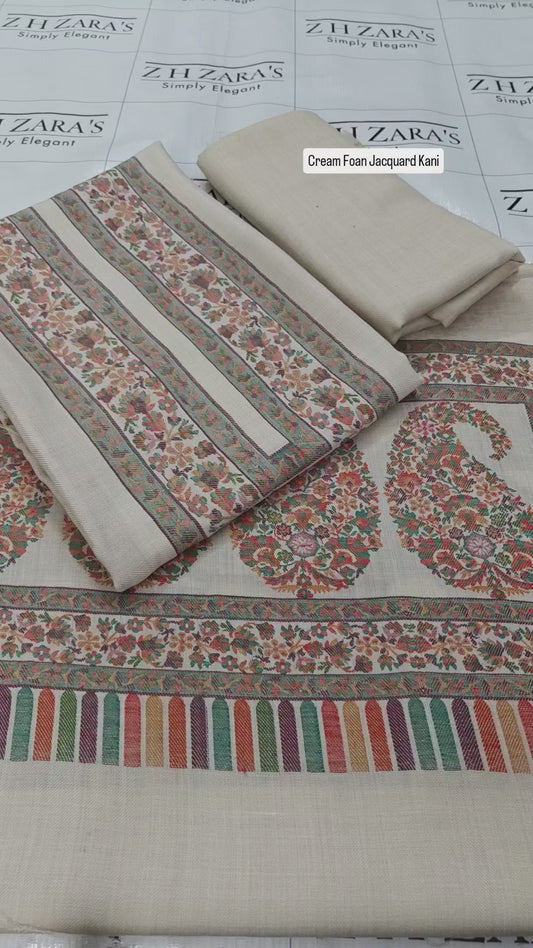 Cream Foan Jacquard Kani Pashmina 3pc