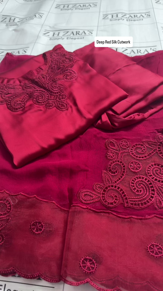 Deep Red Silk Cutwork 3pc