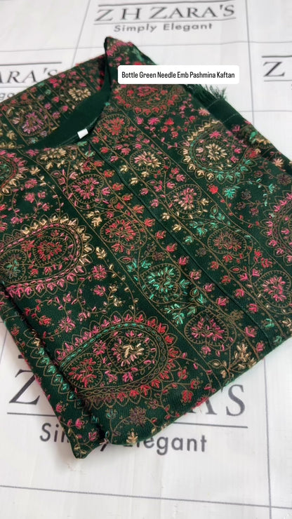 Bottle Green Needle Emb Pashmina Kaftan Shirt