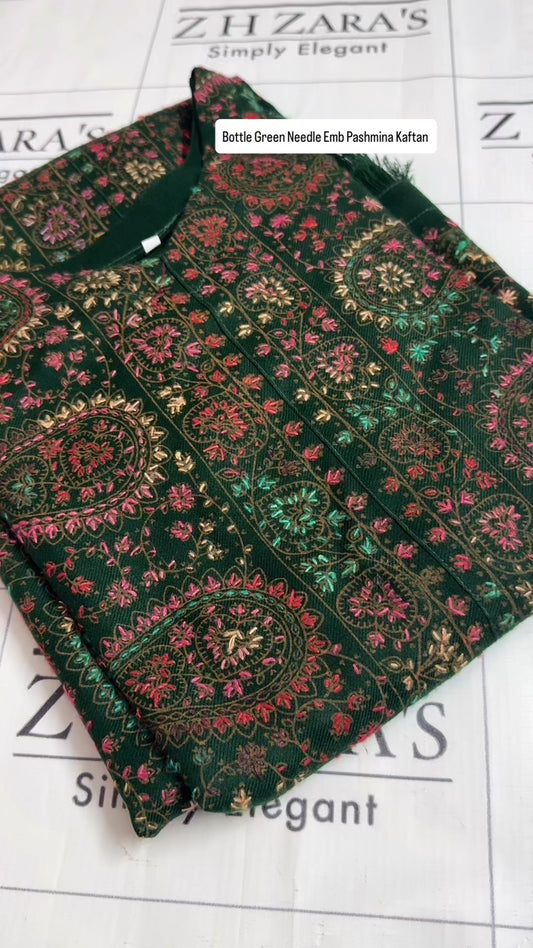 Bottle Green Needle Emb Pashmina Kaftan Shirt