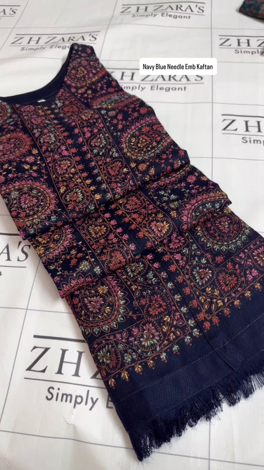 Navy Blue Needle Emb Pashmina Kaftan Shirt