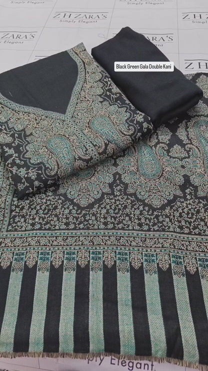 Black Green Gala Double Kani Pashmina 3pc