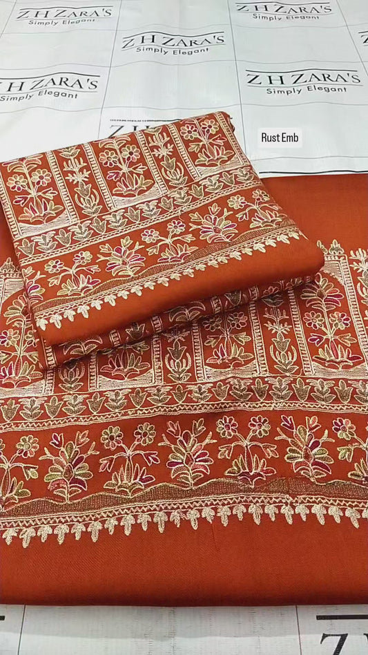 Embroidered Rust Pashmina 3pc
