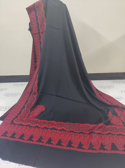 Black Red Border Double Kani Pashmina 3pc