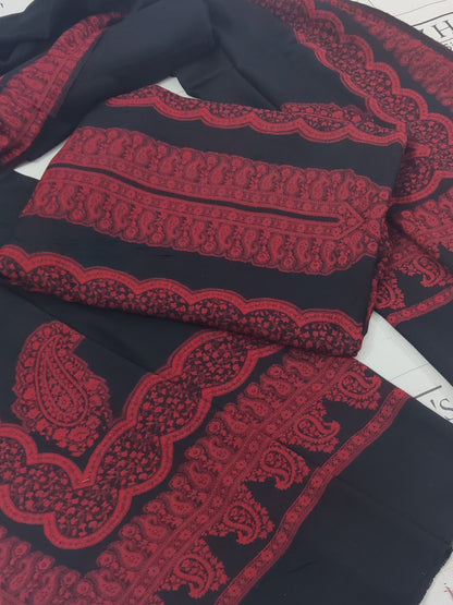 Black Red Border Double Kani Pashmina 3pc