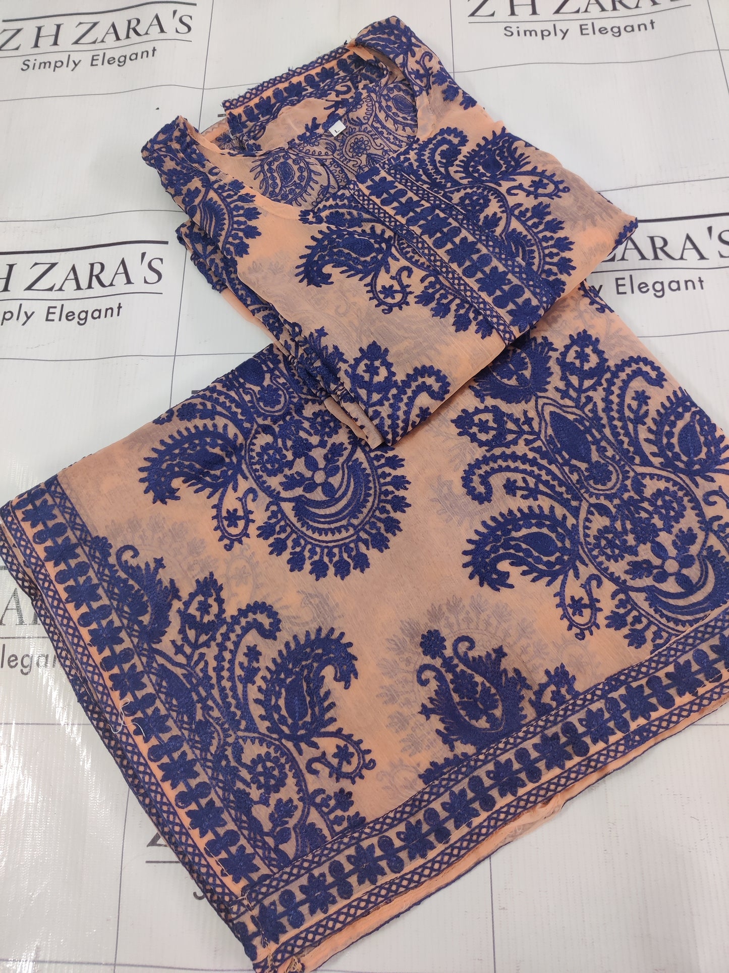 Peach Blue Stitched 2pc
